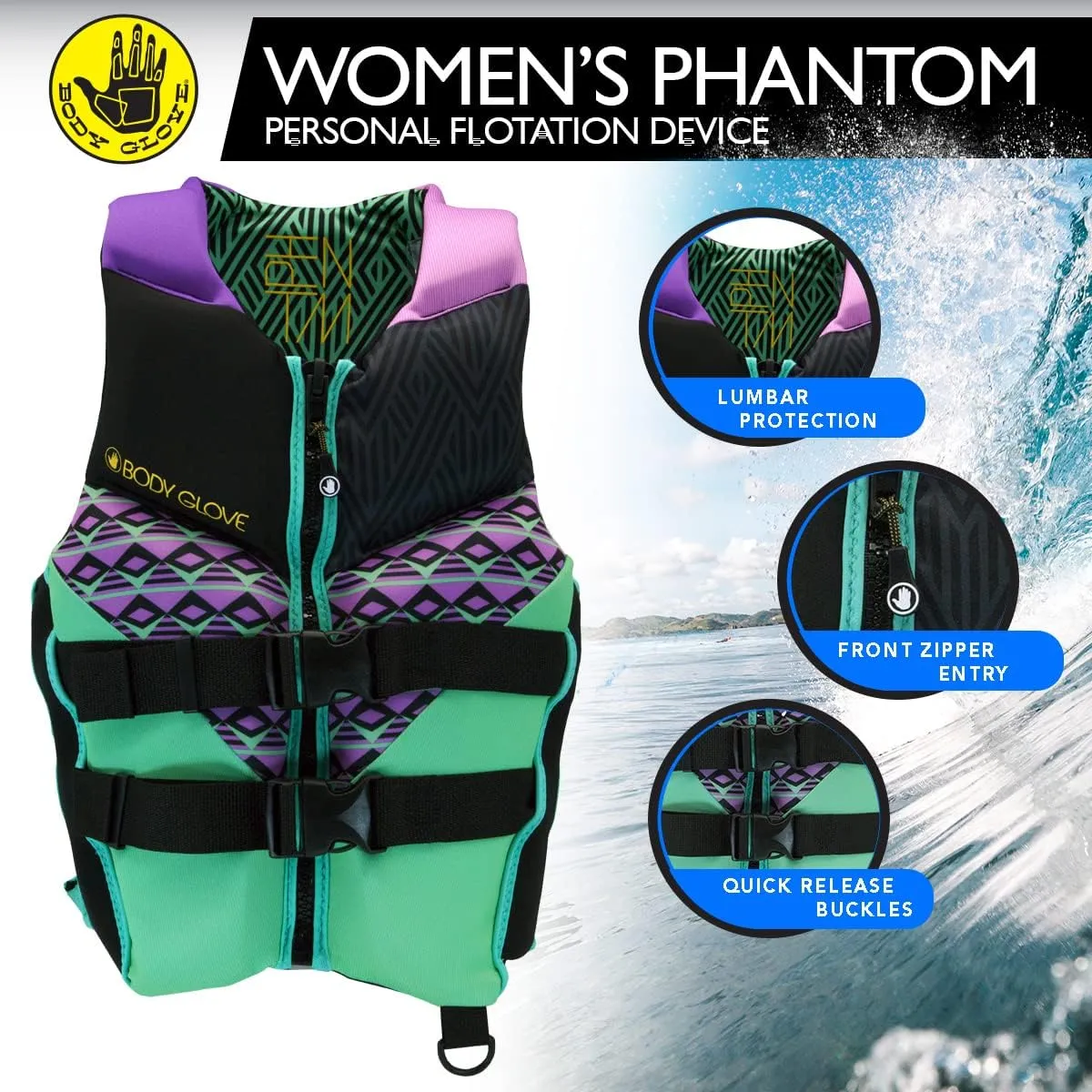 Body Glove- Phantom Women's Evoprene PFD-Adult Life Jacket - Coast Guard Approved, High Mobility PFD, Lightweight Buoyancy Foam, Universal and Oversize