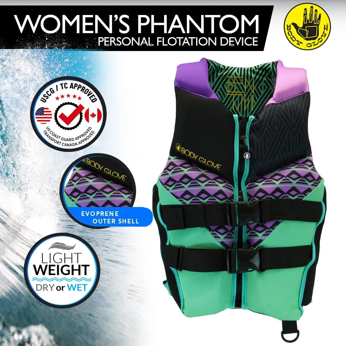 Body Glove- Phantom Women's Evoprene PFD-Adult Life Jacket - Coast Guard Approved, High Mobility PFD, Lightweight Buoyancy Foam, Universal and Oversize