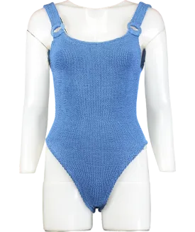 Hunza G Blue Domino Metallic Seersucker Swimsuit UK One Size