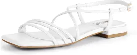 IDIFU Strappy Flat Sandals for Women Dressy Comfortable Square Open Toe Summer Beach Sandal Wedding Bridal Bride Prom Ladies Dress Sandal Fashion Cute Fancy Casual Ankle Strap Sandals