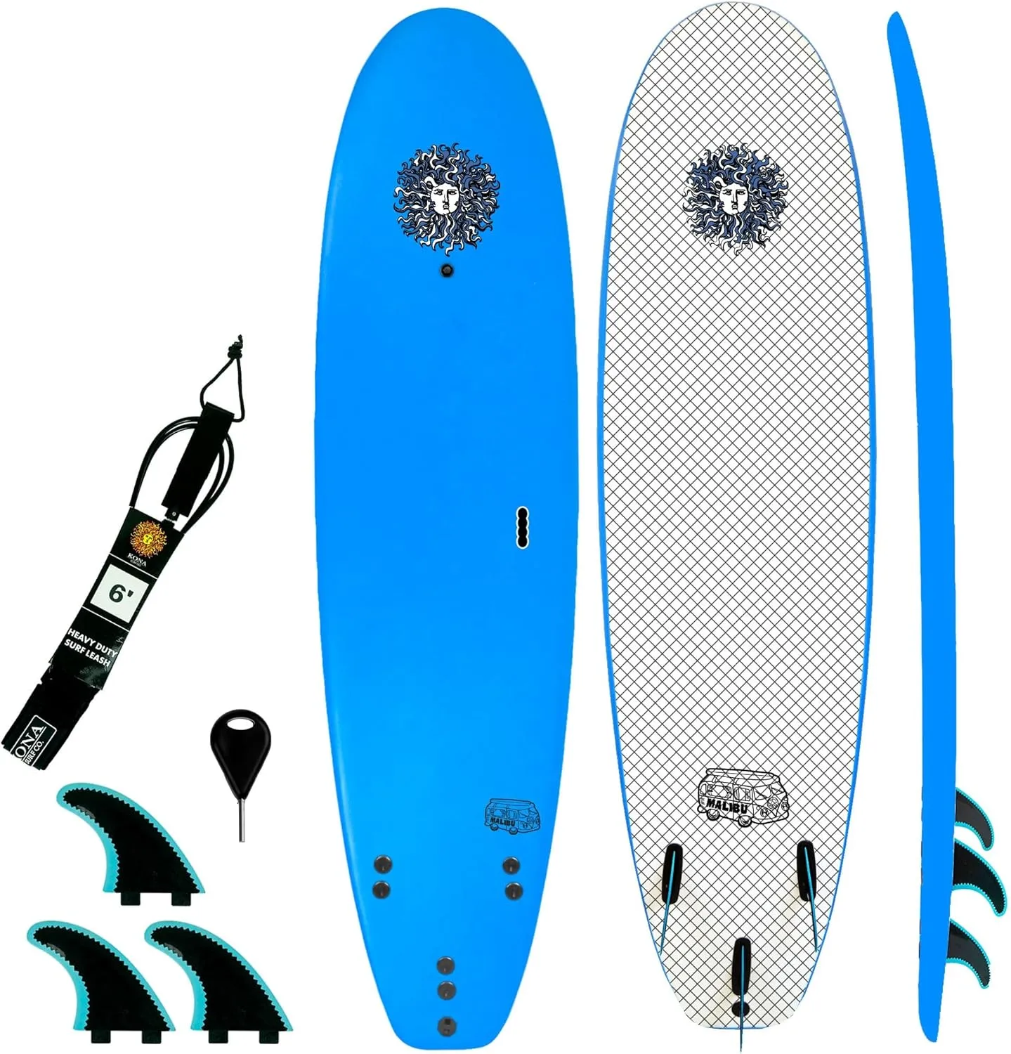 KONA SURF CO. Malibu Beginners Surfboard for Adults and Kids - Soft Board Foam Top Surfboard Foamie for Beach of Softboards - Includes Removable Fins and Leash (Light Blue, 7ft)