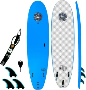 KONA SURF CO. Malibu Beginners Surfboard for Adults and Kids - Soft Board Foam Top Surfboard Foamie for Beach of Softboards - Includes Removable Fins and Leash (Light Blue, 7ft)