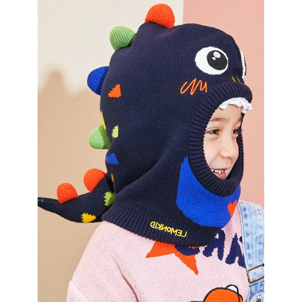 Little Surprise Box Knitted Dino Mini Heart themed Winter Cap Covering  Neck , Ears And Head For Minus Degree Temperature, 5 Yrs And Above