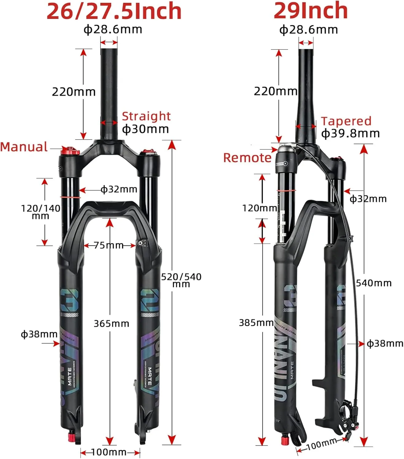 Mate Bicycle Suspension Forks - 26/27.5/29 Inch Oil and Air Fork - Rebound Adjustment - Mountain Bike Fork with 120mm Travel