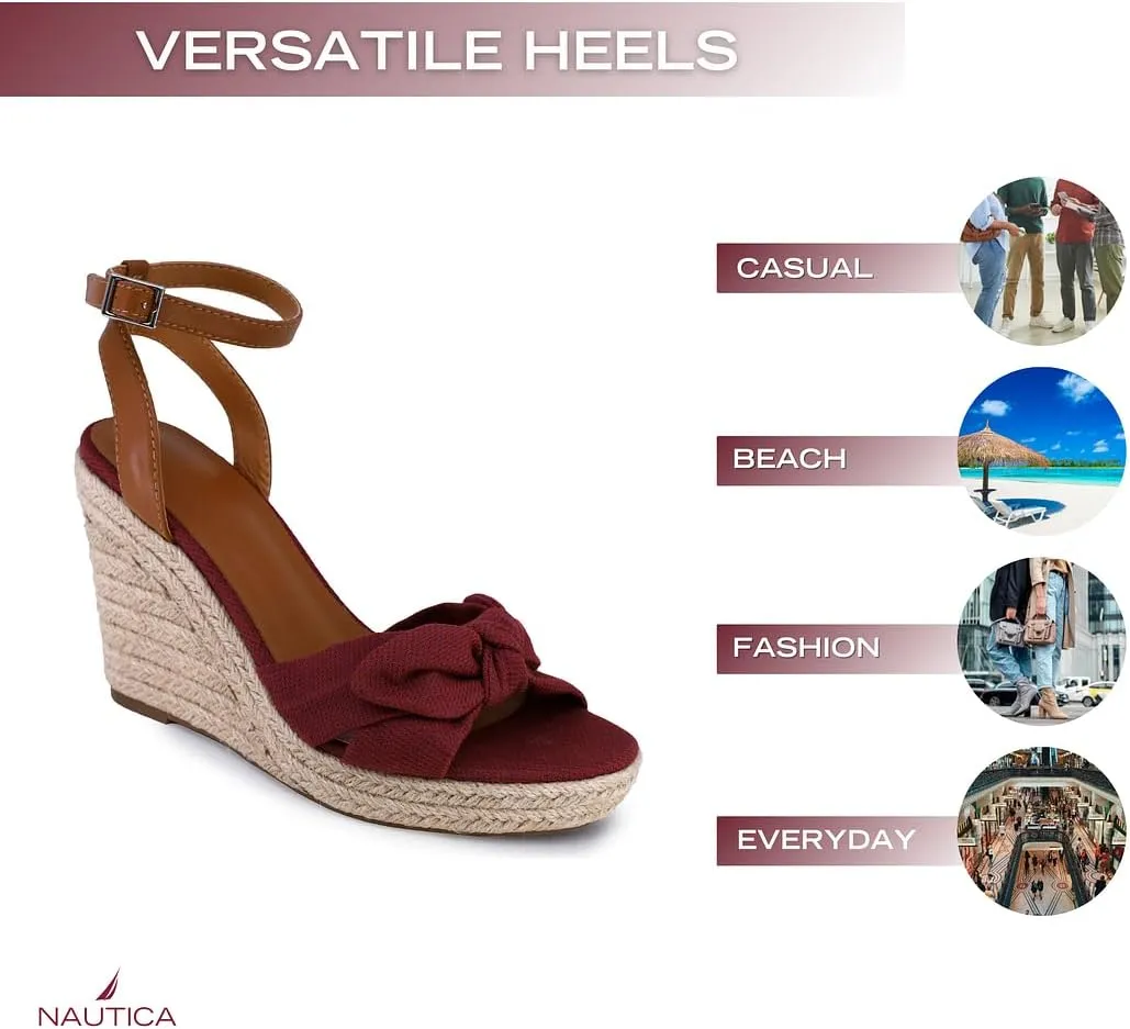 Nautica Women's Espadrille Wedge Sandals  Platform Heel Summer Dress Shoes with Ankle Strap and Bow  Comfortable Open Toe Beach and Casual Footwear