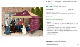 NCAA Florida State Seminoles 12x12 Pagoda Canopy Tent(retails for 212.00)