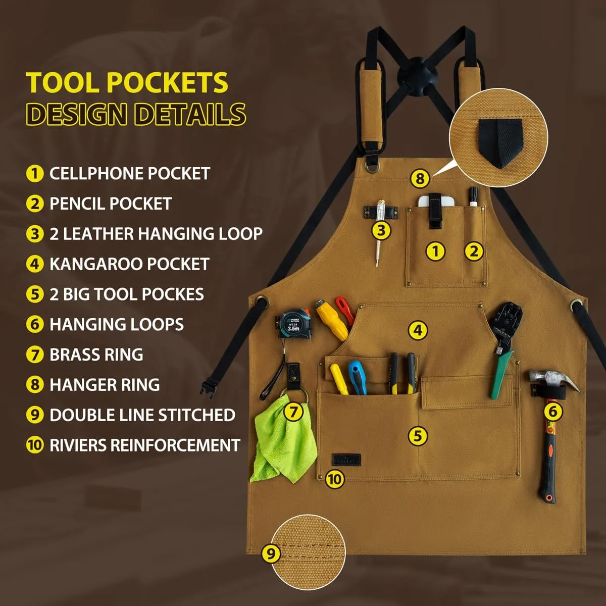 ROTANET Canvas Work Apron, Woodworking Aprons for Men with Tool Pockets, Waterproof Heavy Duty, Shop for Carpenters