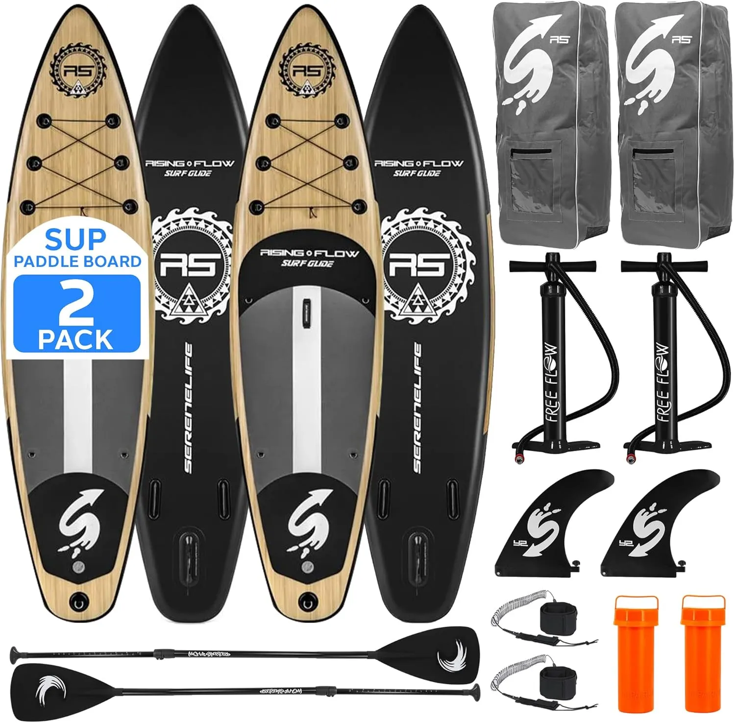 SereneLife Set of 2 Inflatable Stand Up Paddle Boards with Premium Accessories  SUP Pair with 32" Wide Stable Design, Non-Slip EVA Deck Pad for Adults and Youth of All Skill Levels, 350 lbs Capacity
