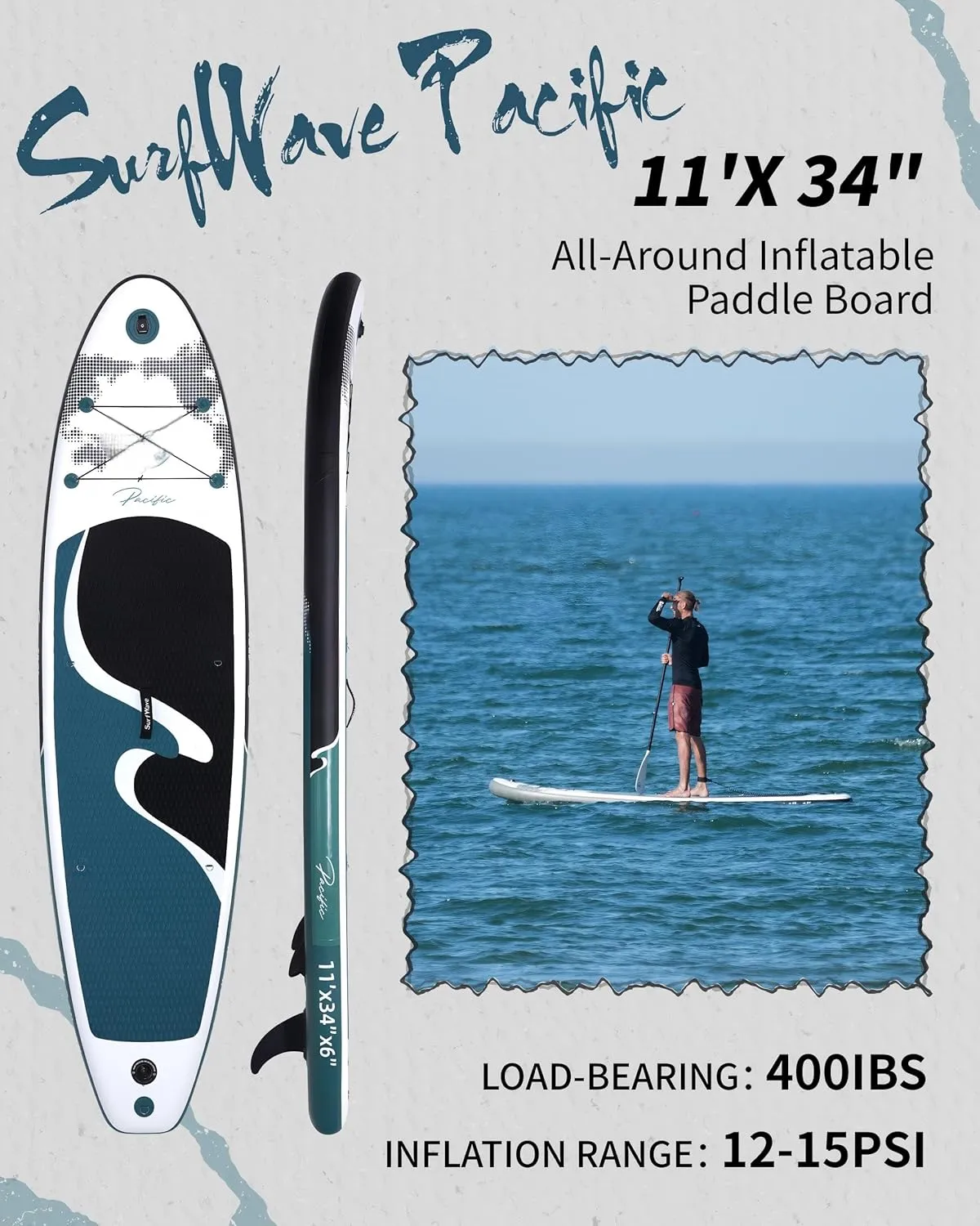 Surfboard,Extra Wide Stand Up Paddle Board, Inflatable Paddle Board, Sup Board with Removable Fin, Durable for Kayak and Inflatable Kayak