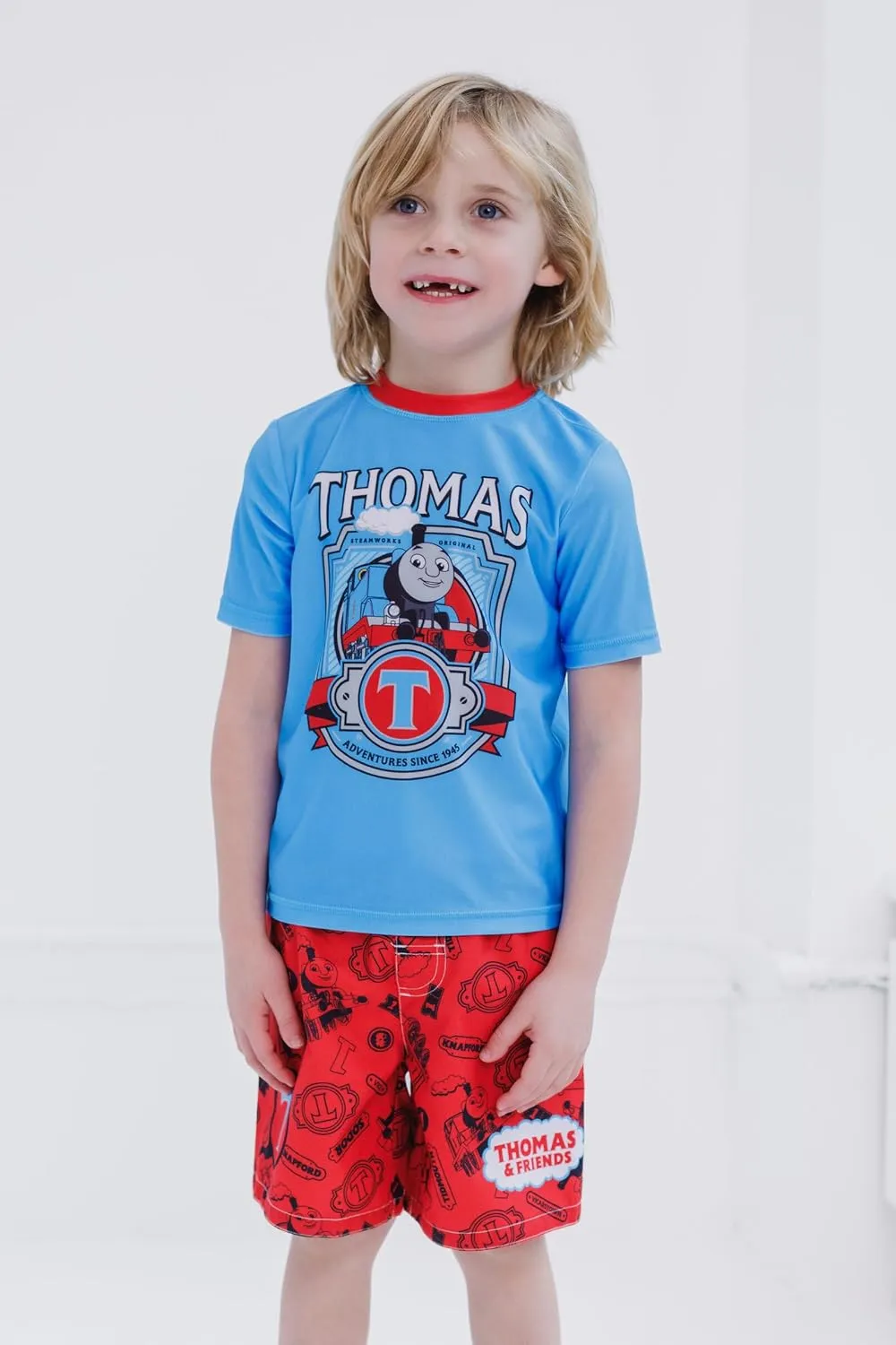 THOMAS & FRIENDS UPF 50  Rash Guard and Swim Trunks Outfit Set Toddler to Little Kid Sizes (2T - 7)