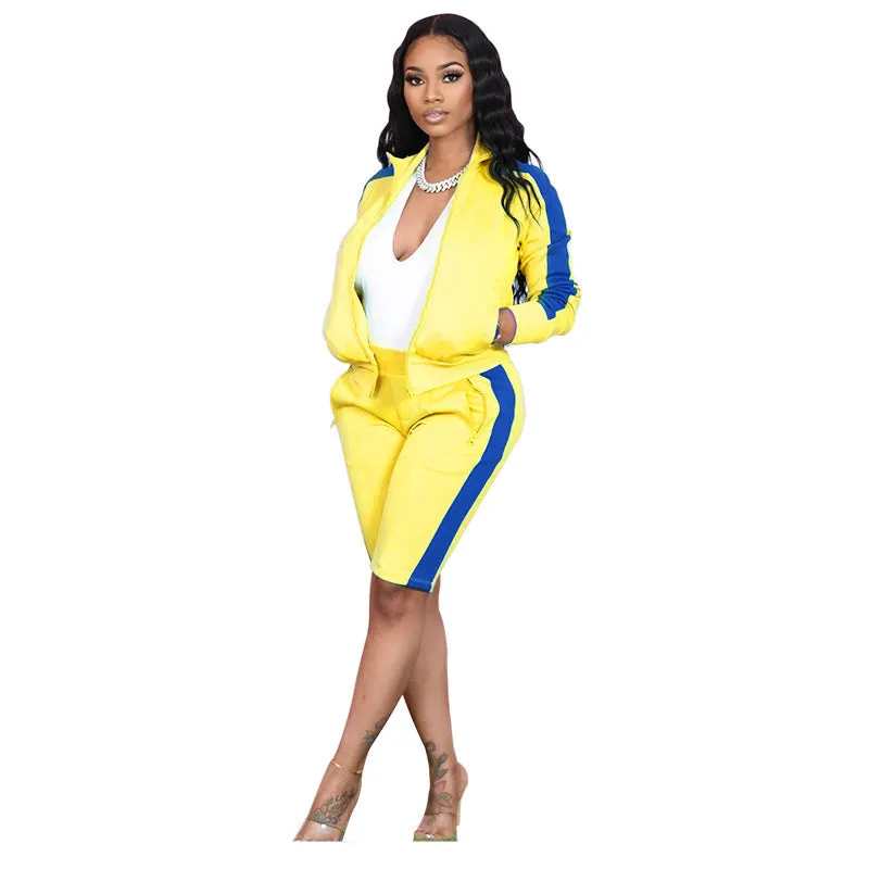 Two-piece Lapel Collar Color Block Jacket And Shorts Sports Set