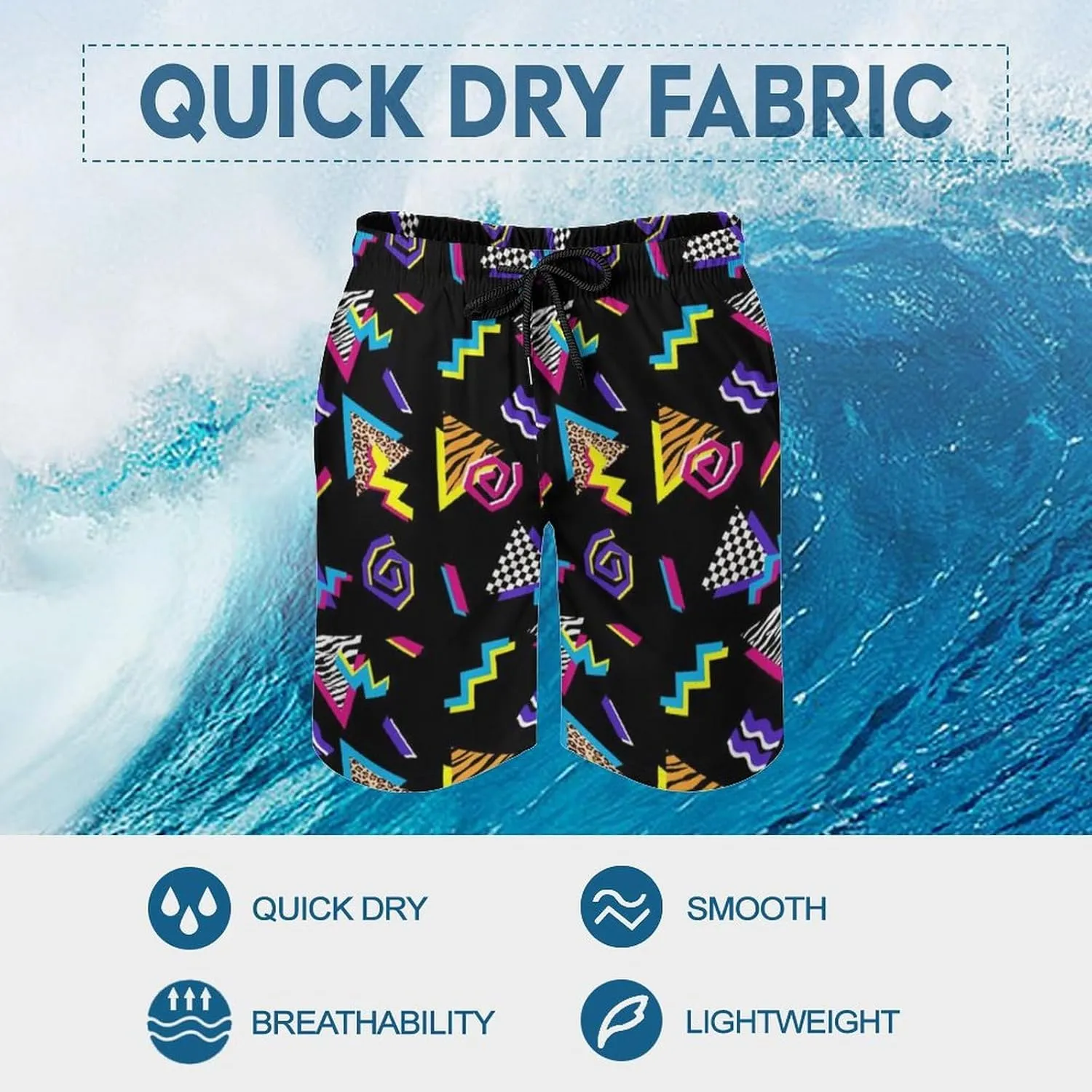 Vintage 80s Memphis Mens Beach Shorts Funny Elastic Waist Quick Dry Swim Trunks