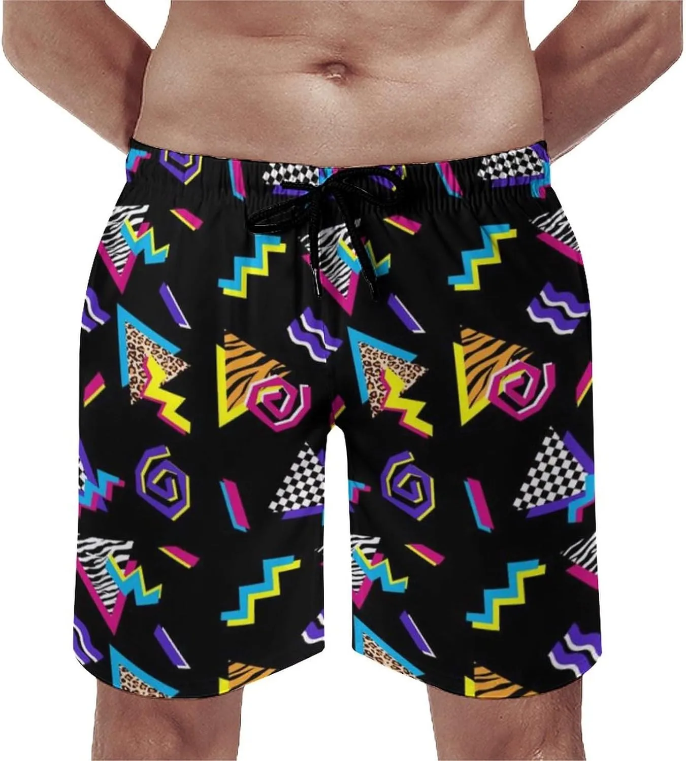 Vintage 80s Memphis Mens Beach Shorts Funny Elastic Waist Quick Dry Swim Trunks