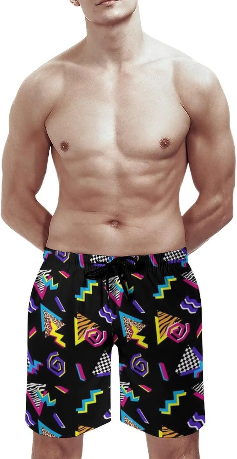 Vintage 80s Memphis Mens Beach Shorts Funny Elastic Waist Quick Dry Swim Trunks