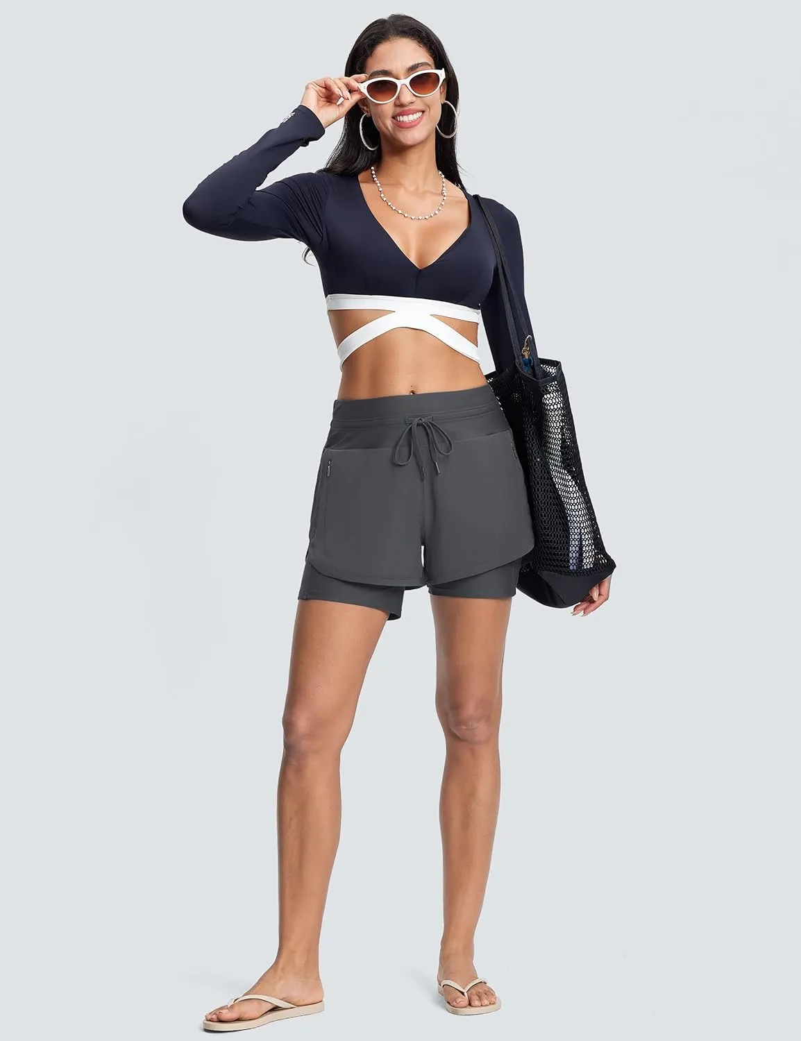Womens 3" Swim Board Shorts High Waisted Slimming Quick Dry UPF Swim Beach Trunks with Liner and Zipper Pockets