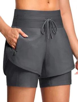 Womens 3" Swim Board Shorts High Waisted Slimming Quick Dry UPF Swim Beach Trunks with Liner and Zipper Pockets