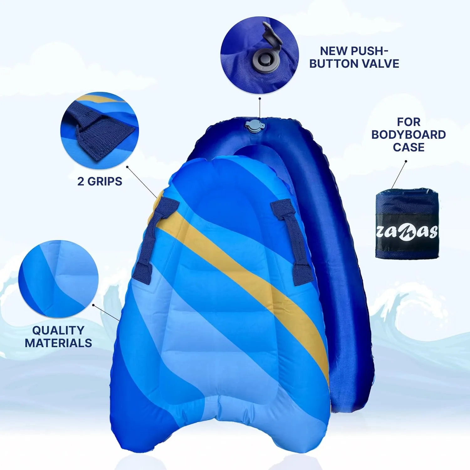 ZAMAS Kids Inflatable Surf Body Board with Handles and New Push-Button Valve, Lightweight Swimming Floating Surfboard Aid Mat Learn to Swim, Beach Safety Theme Surfing with Bonus Case for Board