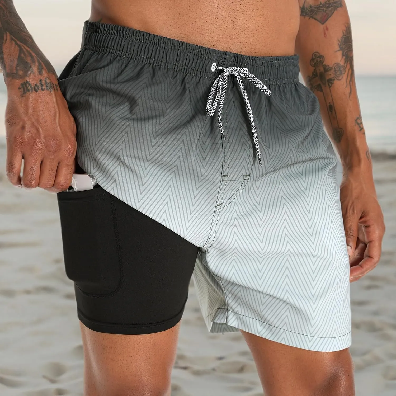 zeetoo Mens Swim Trunks with Compression Liner 5.5" Inseam Shorts Bathing Suit Quick Dry Swimsuit